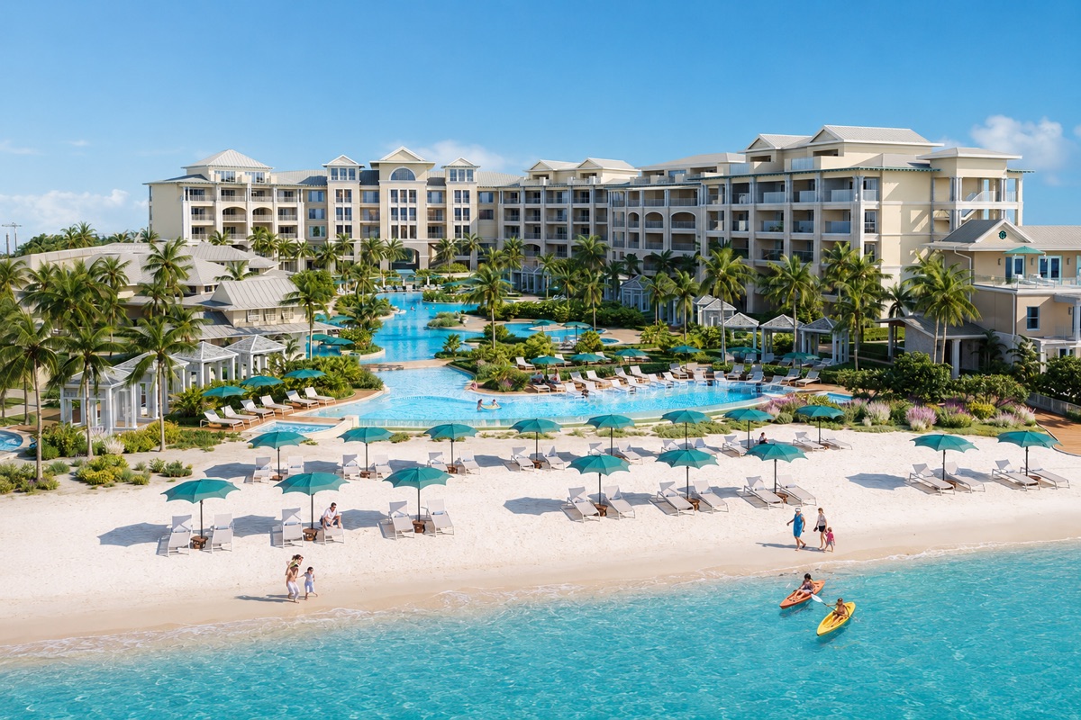 A Caribbean all inclusive beach resort with turquoise pools, palm trees and families on the white sand